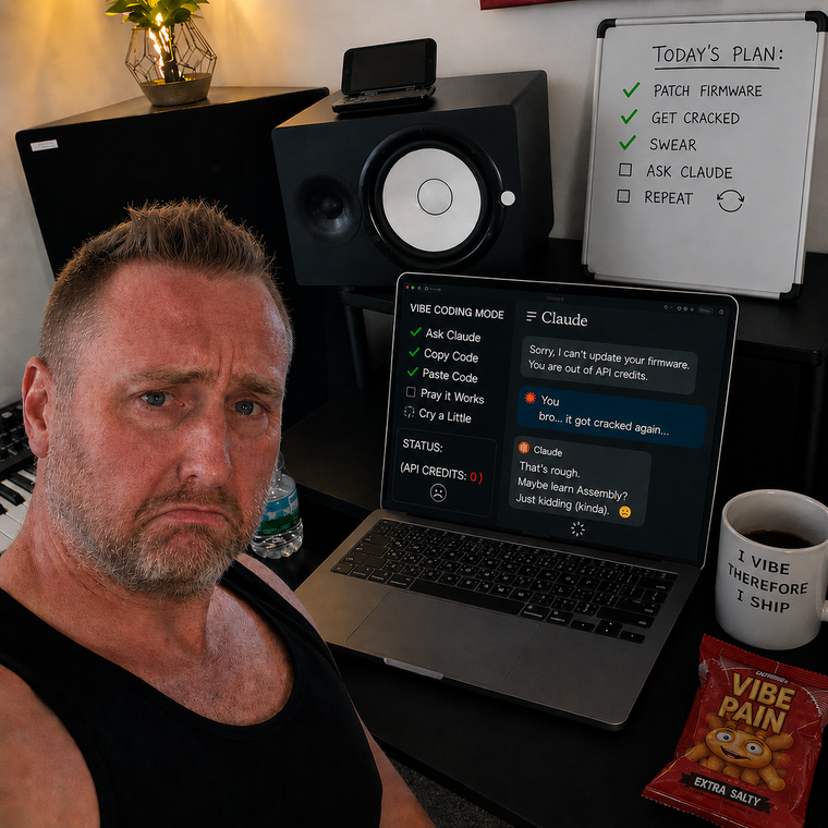 Andy at his desk: 'Sorry, I can't update your firmware. You are out of API credits.' — Vibe Coding Mode: Ask Claude, Copy Code, Paste Code, Pray it Works, Cry a Little. Mug: 'I VIBE THEREFORE I SHIP.'